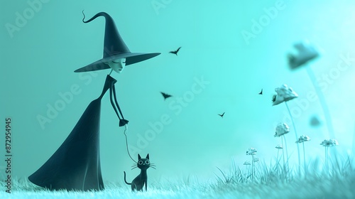 3D render of A happy witch and her black cat on a pastel aquamarine background, no peaple