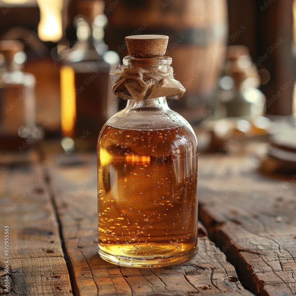 A beautifully crafted, rustic glass bottle filled with a golden liquid, set on a wooden table with a variety of other bottles in the blurred background A beautifully crafted, rustic glass bottle filled with a golden liquid, set on a wooden table with a variety of other bottles in the blurred background