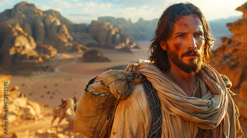  Jesus as a refugee, moving through a huge desert with a little bag on his back while displaying resiliency and resolve on his face