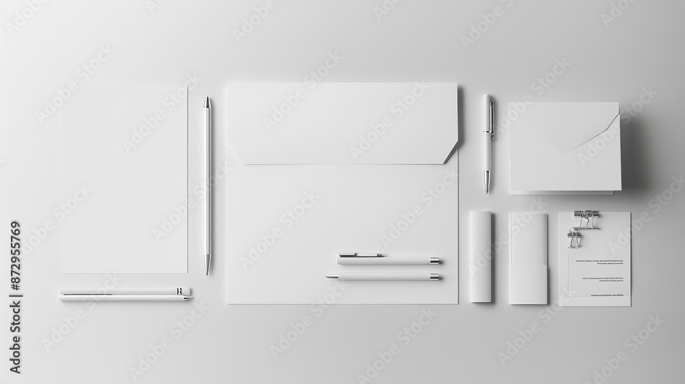 Corporate stationery set mockup on white textured paper background featuring business cards, letterheads, envelopes, and notepads with ample copy space for branding and design presentations Corporate stationery set mockup on white textured paper background featuring business cards, letterheads, envelopes, and notepads with ample copy space for branding and design presentations