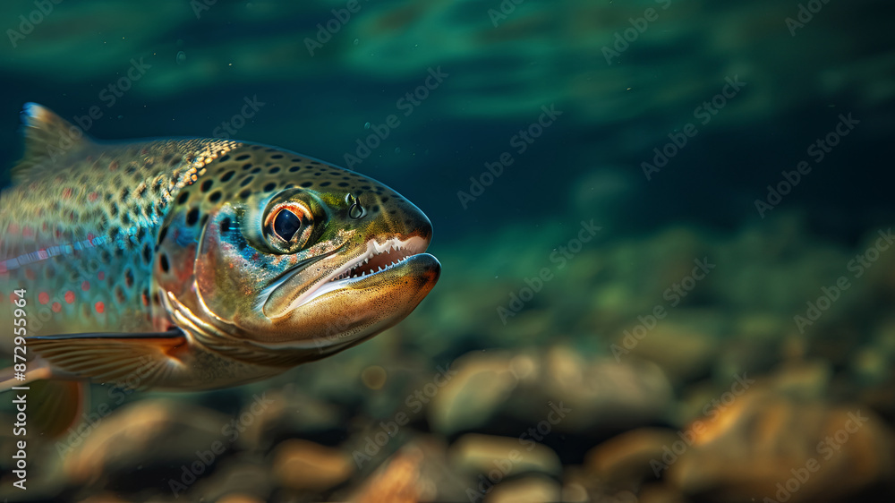 Web banner with fish in a mountain river, close-up with space for fly fishing concept Web banner with fish in a mountain river, close-up with space for fly fishing concept