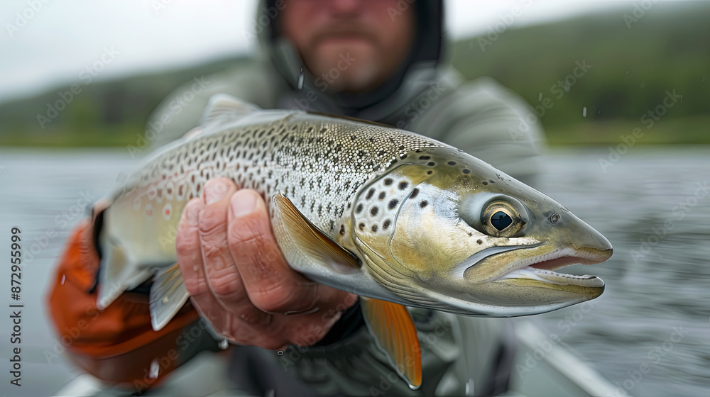 Fisherman shows freshly caught fish in the river to the camera, fly fishing, concept for recreation advertising Fisherman shows freshly caught fish in the river to the camera, fly fishing, concept for recreation advertising
