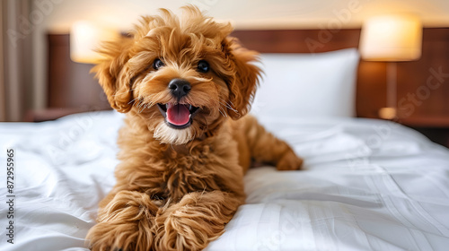 Brown curly Maltipoo lying on a white bed in a luxury pet-friendly hotel room. Pet friendly accommodation, travel with pet. Copy space.