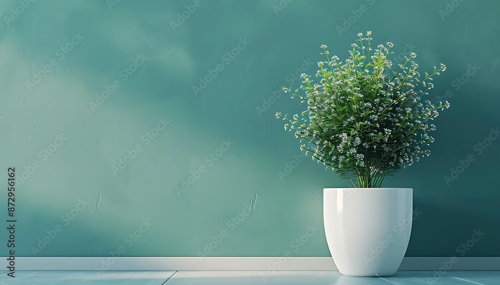 Modern white pot with a plant against a green Eco-Blue backdrop, emphasizing minimal interior design. Modern white pot with a plant against a green Eco-Blue backdrop, emphasizing minimal interior design.
