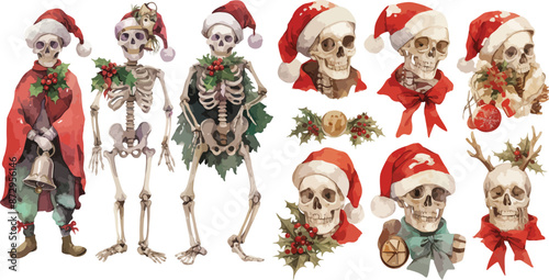 christmas skull watercolor clipart