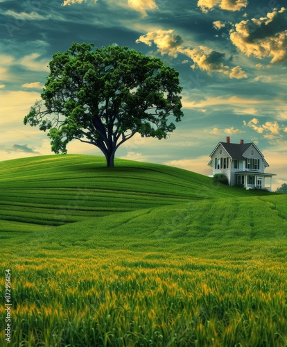 big green field, a house middle of the field and it's a duplex royal menson, a big tree, high resulation and bright color, ghibly effect , effect like enim  photo