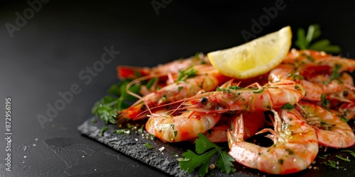 Flavorful Sauteed Shrimps and Prawns with Garlic, Herbs, and Lemon on a Black Background. Culinary Delights and Seafood Gastronomy