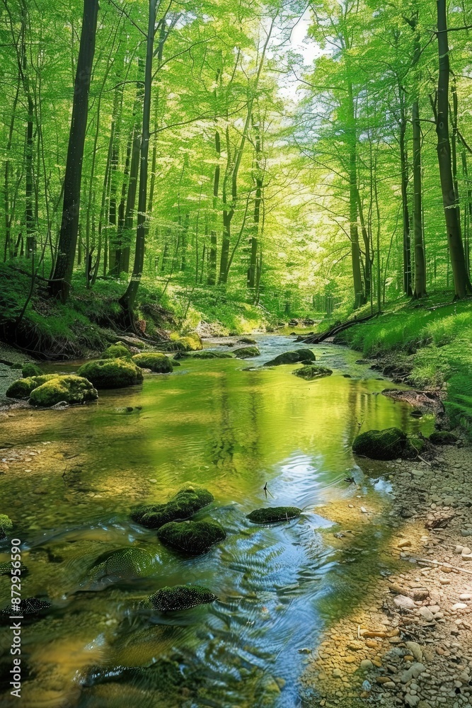 A tranquil forest stream surrounded by lush green trees, reflecting the serene beauty of nature in daylight. A tranquil forest stream surrounded by lush green trees, reflecting the serene beauty of nature in daylight.
