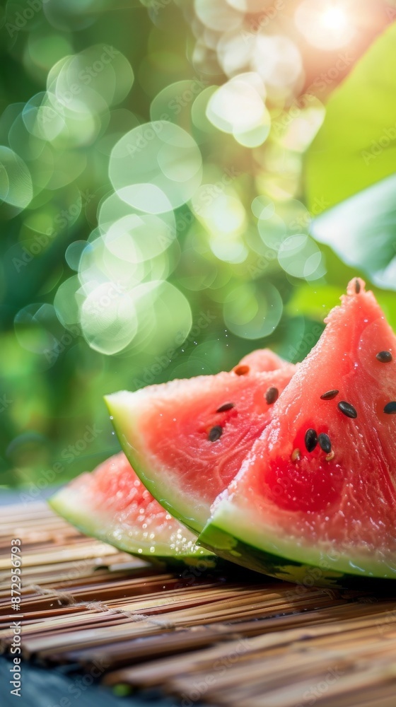 Image features succulent slices of watermelon placed outdoors with sunlight filtering through trees, evoking feelings of summer, freshness, and a delightful tropical experience. Image features succulent slices of watermelon placed outdoors with sunlight filtering through trees, evoking feelings of summer, freshness, and a delightful tropical experience.