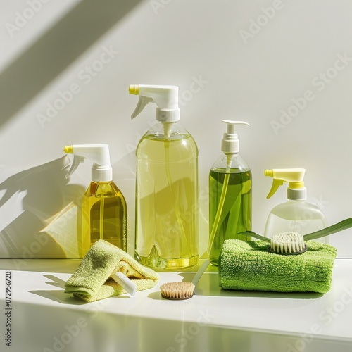 Eco-friendly cleaning supplies including spray bottles, brushes, and towels in a bright, sunlit space promoting cleanliness and sustainability. photo