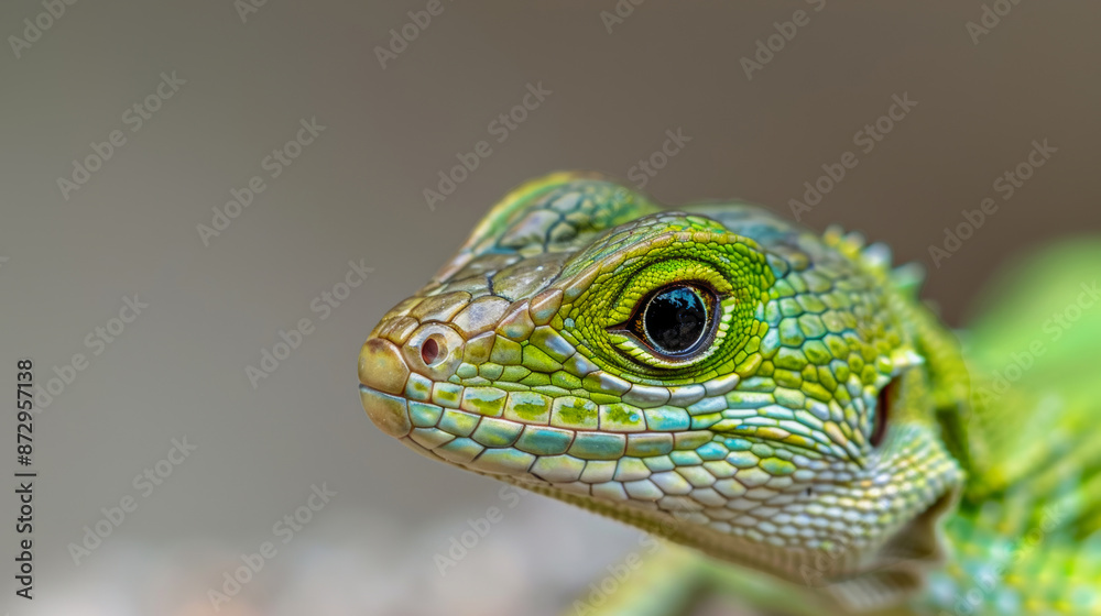 Close-up on a green lizard, close-up on a reptile, blurred background Close-up on a green lizard, close-up on a reptile, blurred background