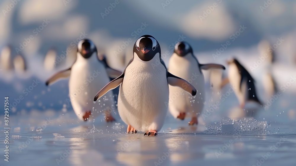 Obraz premium A group of penguins waddle across a frozen lake.