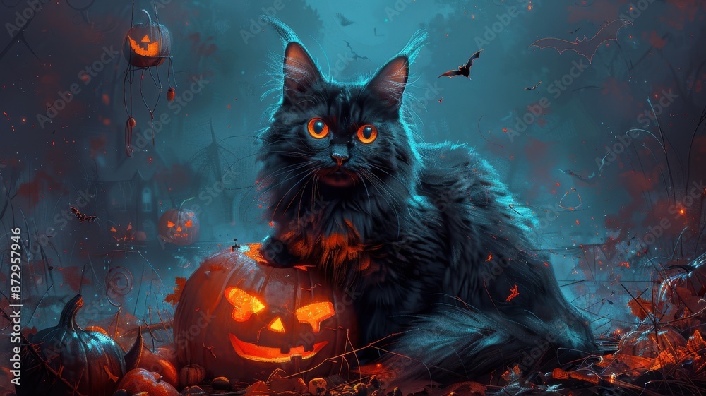 Black cat with glowing eyes sitting by a carved pumpkin lantern in a dark, eerie Halloween setting. Black cat with glowing eyes sitting by a carved pumpkin lantern in a dark, eerie Halloween setting.