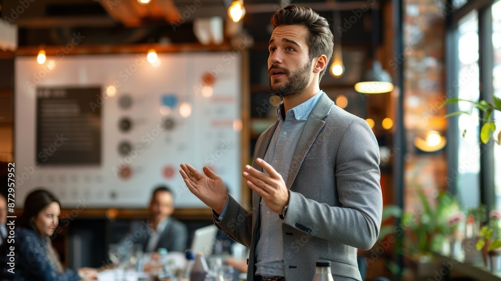 Confident businessman presenting a project in a modern office, engaging team discussion and collaborative work environment. Confident businessman presenting a project in a modern office, engaging team discussion and collaborative work environment.