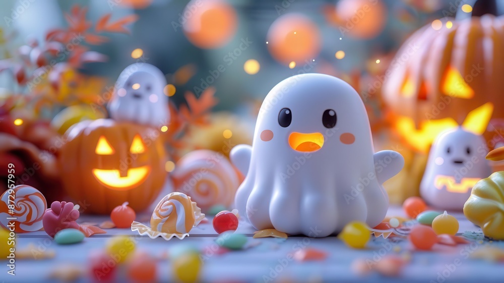Cute Halloween-themed scene with adorable ghost and pumpkins surrounded by colorful candies, perfect for festive celebrations and decor. Cute Halloween-themed scene with adorable ghost and pumpkins surrounded by colorful candies, perfect for festive celebrations and decor.