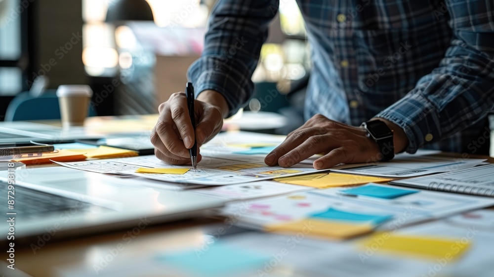 Focused professional planning strategy with notes and diagrams on a wooden desk in a modern workspace. Focused professional planning strategy with notes and diagrams on a wooden desk in a modern workspace.