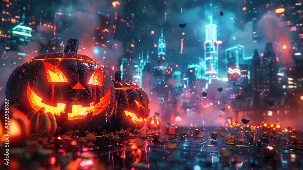 Glowing jack-o'-lanterns and spooky decorations create a Halloween-themed cityscape with vibrant lights and an eerie atmosphere. Glowing jack-o'-lanterns and spooky decorations create a Halloween-themed cityscape with vibrant lights and an eerie atmosphere.