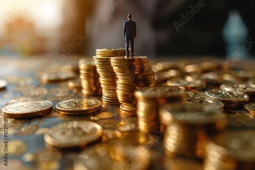 A businessman standing on a row of gold coins, the coins gradually increasing in height, close-up shot