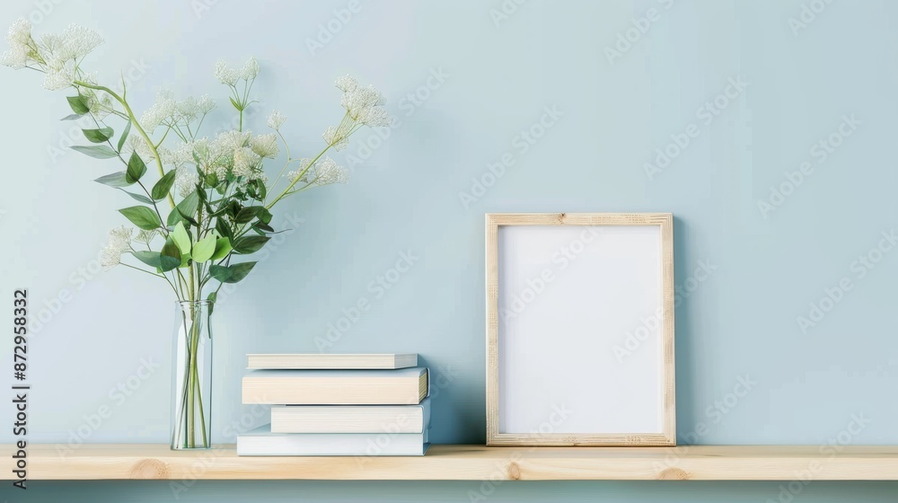 Minimalistic arrangement of a blank wooden frame, books, and a vase with green branches on a shelf against a pastel blue wall, exuding calm and simplicity. Minimalistic arrangement of a blank wooden frame, books, and a vase with green branches on a shelf against a pastel blue wall, exuding calm and simplicity.