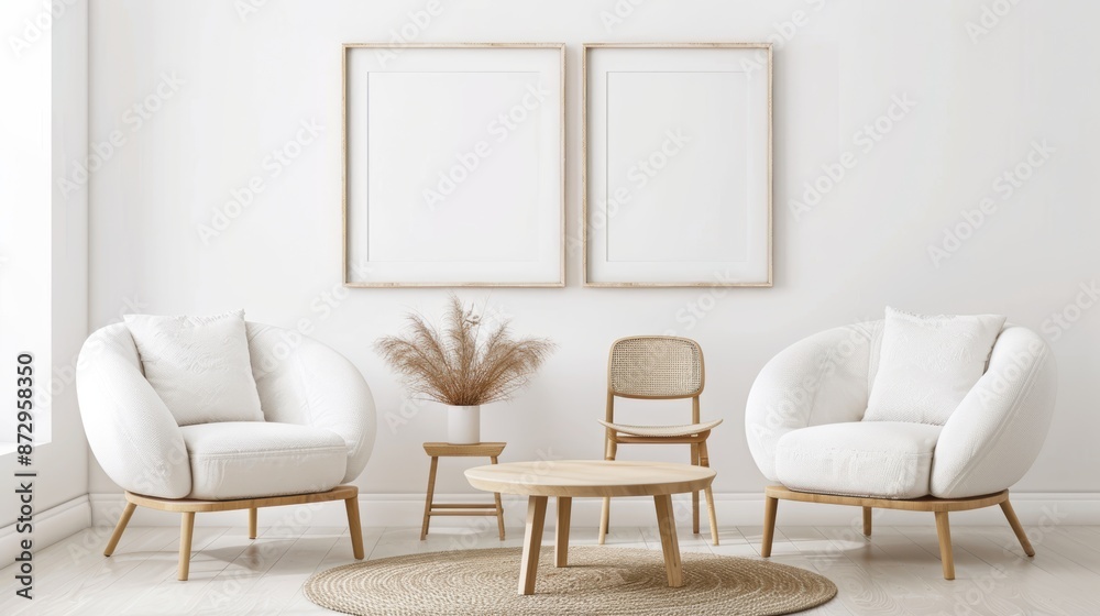 Light and airy living room with a blank canvas on the wall, neutral-toned furniture, and pampas grass, creating a cozy and minimalist vibe.