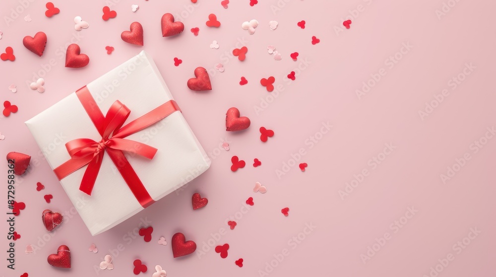 Valentine's Day flat lay with a gift wrapped in white paper and red ribbon, surrounded by red hearts on a pink background. Valentine's Day flat lay with a gift wrapped in white paper and red ribbon, surrounded by red hearts on a pink background.