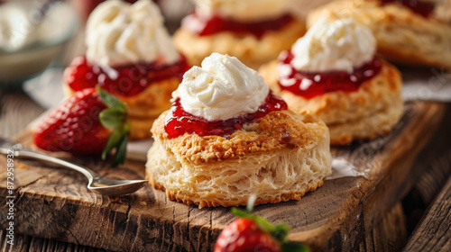 Wallpaper Mural Freshly baked scones with whipped cream and strawberry jam on wooden board, close-up Torontodigital.ca