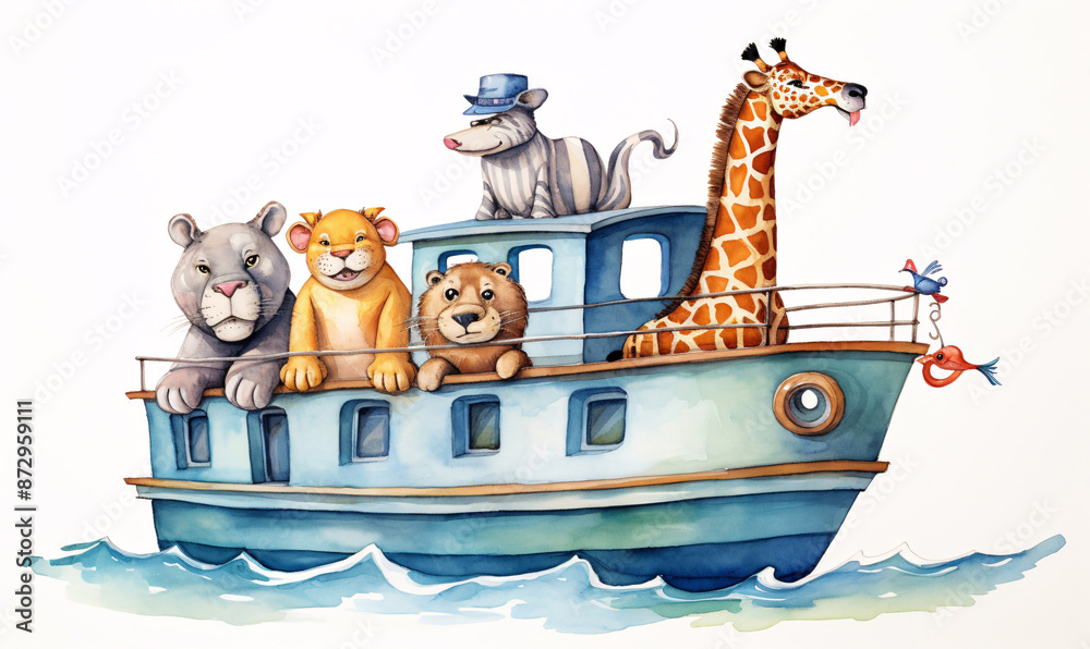 Obraz premium Cartoon boat with lion driver and tiger, cougar, hyena and giraffe on the boat. Animals sail the sea. Watercolor style.