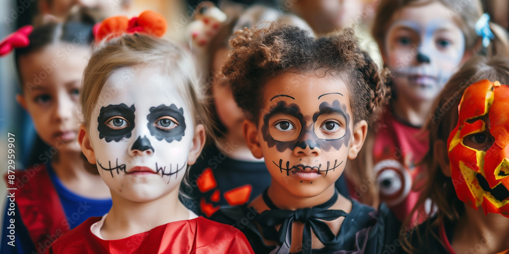Obraz premium Festive group of six costumed children ready for Halloween fun.