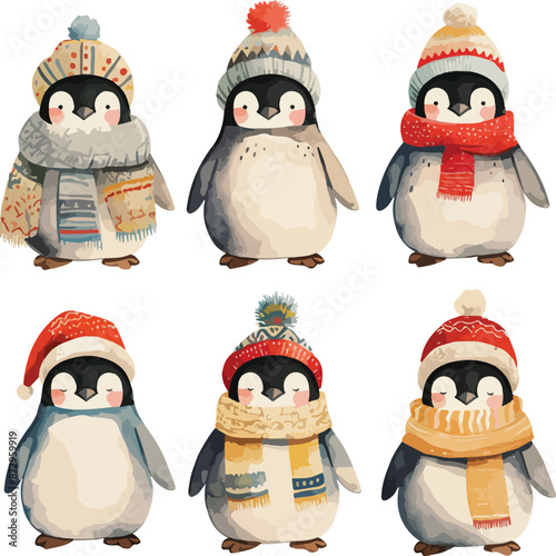 penguin with wooly hat watercolor clipart