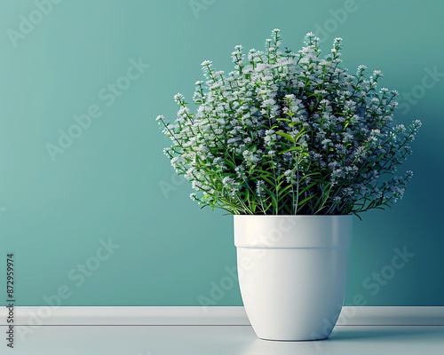 Modern plant in a stylish white pot against a green Eco-Blue background, perfect for product presentations.