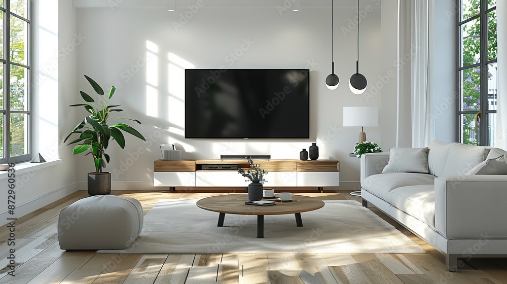 Modern living room with a minimalist design, featuring a large TV, light-colored furniture, and a bright, airy atmosphere, emphasizing comfort and style Modern living room with a minimalist design, featuring a large TV, light-colored furniture, and a bright, airy atmosphere, emphasizing comfort and style