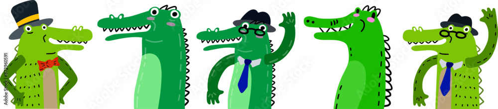 Obraz premium Cute Crocodile Character in Top Hat. Funny green alligator. Animal gentleman. Vector Illustration for Kids Clothing
