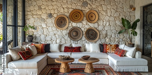 Modern Tropical Living Room Interior Design With Stone Wall and Sectional Sofa