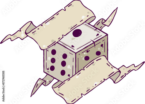 Dice d6 for playing tabletop board game. Cartoon outline drawn illustration. Fantasy art sticker, adventure boardgame, roleplaying decoration with paper ribbon with copy space for text