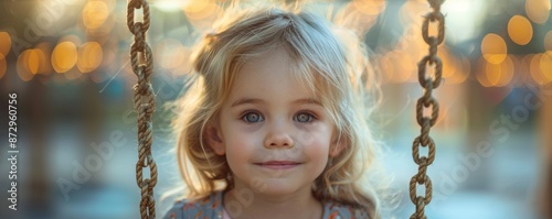 Portrait of a young blonde child sitting on a swing with a serene smile, illuminated by a backdrop of beautiful bokeh lights in a tranquil outdoor setting