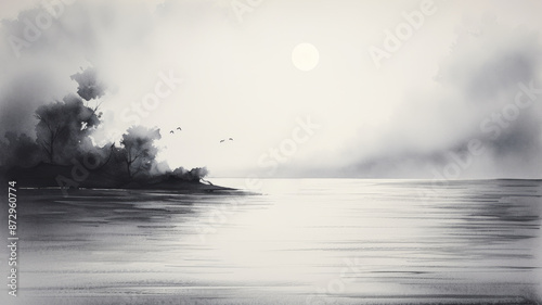 Watercolor landscape. Chinese style classical traditional ink painting sumi-e