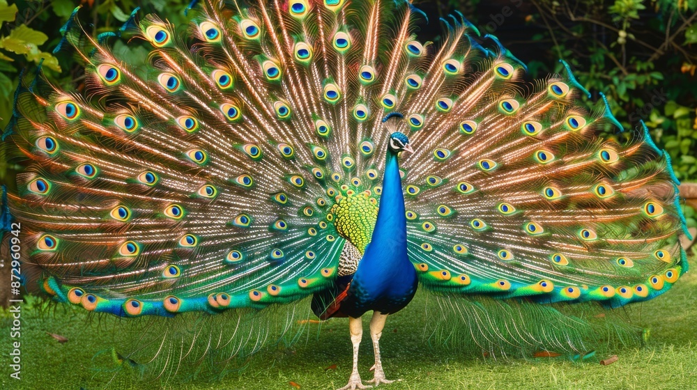 Obraz premium Brightly colored peacocks in a spring garden, species majesty, vivid