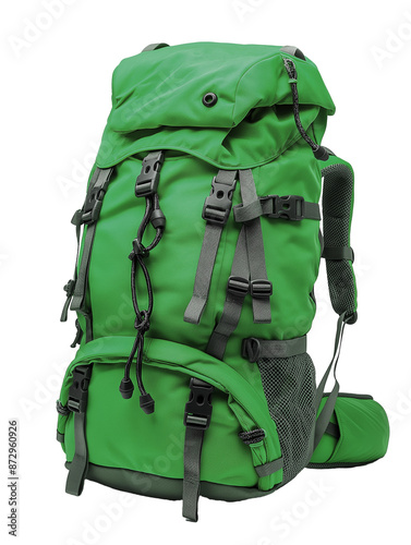 Green hiking backpack isolated on a transparent background