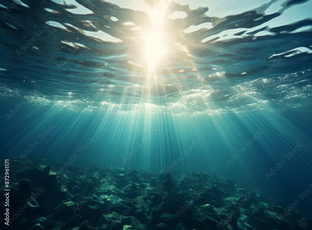 Fototapeta premium Sunbeams shining through the water's surface, creating a mesmerizing underwater world.