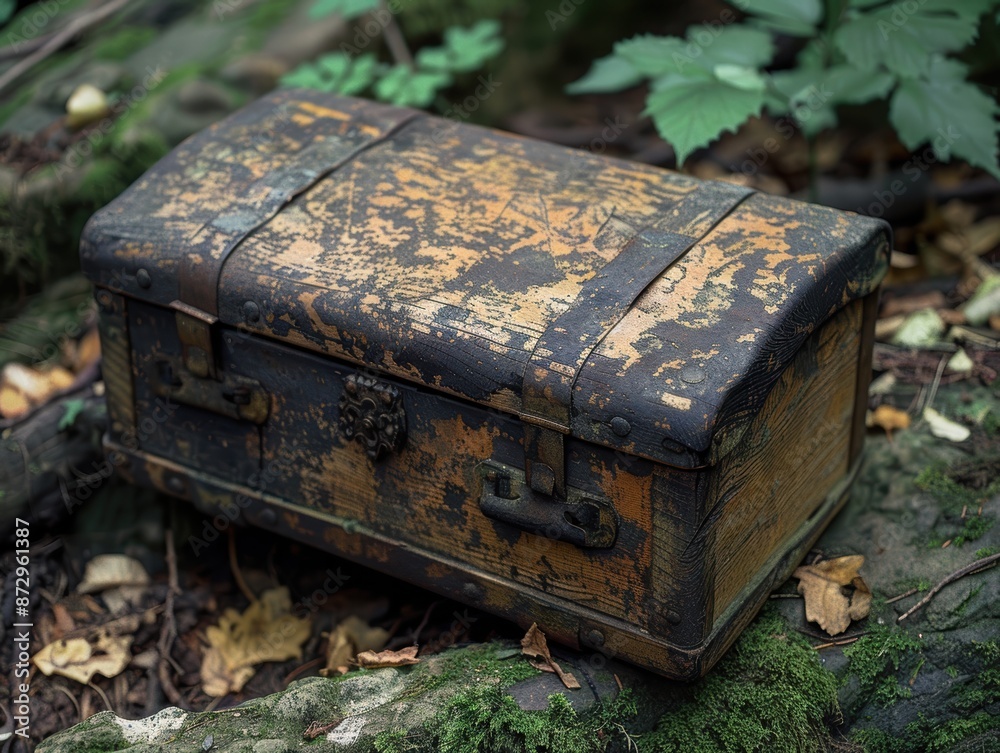 Obraz premium An old, weathered wooden chest with a rustic metal latch and brass hardware rests on the forest floor, surrounded by leaves, moss, and plant life, evoking a sense of mystery and adventure