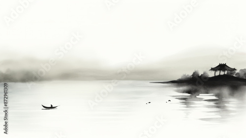 Watercolor landscape. Chinese style classical traditional ink painting sumi-e