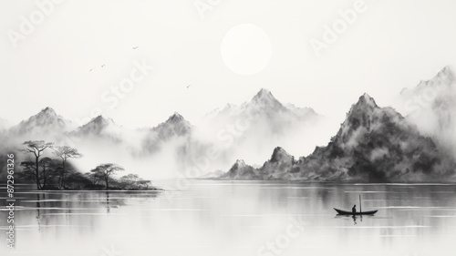 Watercolor landscape. Chinese style classical traditional ink painting sumi-e