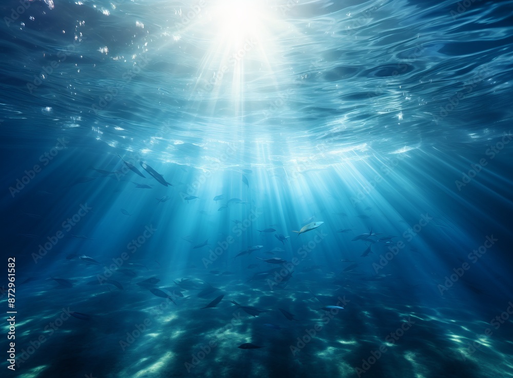 Fototapeta premium A vibrant underwater scene featuring a diverse group of fish swimming in a clear ocean.