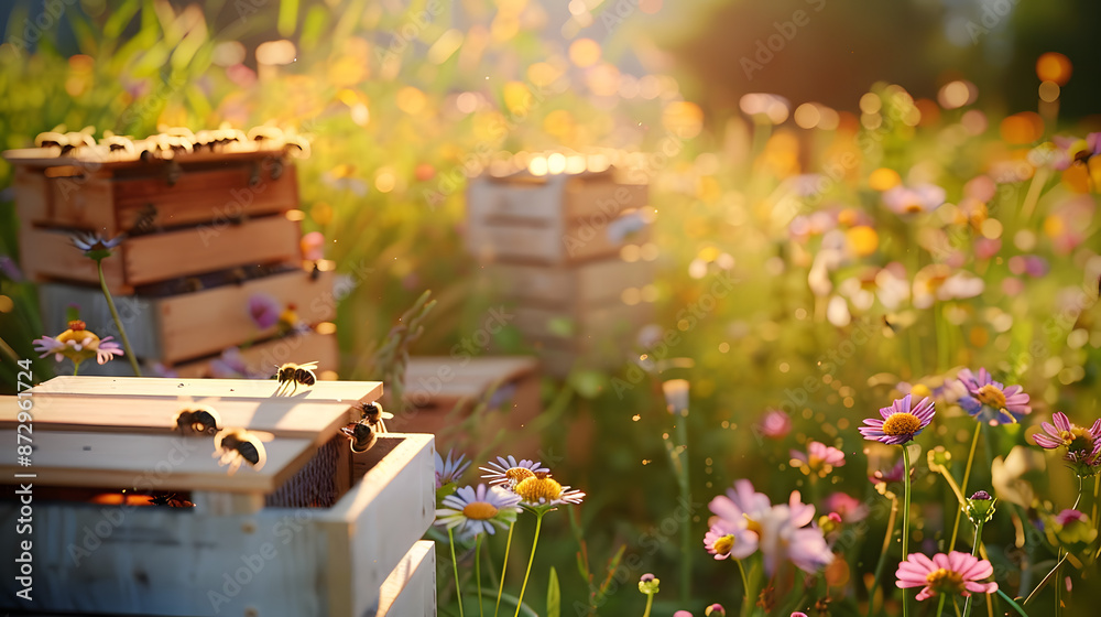 Beehive apiary bees and flowers in the meadow. Beehive apiary bees and flowers in the meadow.