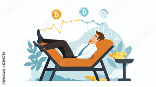 Passive income and market investing flat vector illustration. Investor man relax in chair and get money profits, stock dividends. Remote freelance work or trading online. Financial freedom concept.