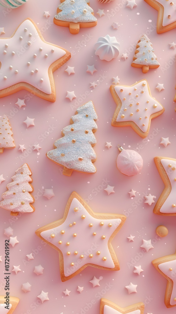 3D render of Christmas cookies shaped like stars and trees on a pastel pink background. very detailed 3D render of Christmas cookies shaped like stars and trees on a pastel pink background. very detailed