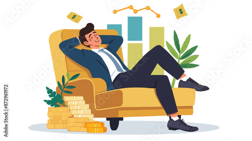 Passive income and market investing flat vector illustration. Investor man relax in chair and get money profits, stock dividends. Remote freelance work or trading online. Financial freedom concept.