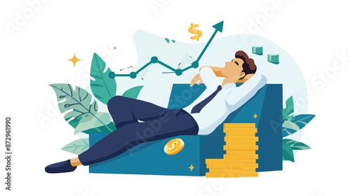 Passive income and market investing flat vector illustration. Investor man relax in chair and get money profits, stock dividends. Remote freelance work or trading online. Financial freedom concept.