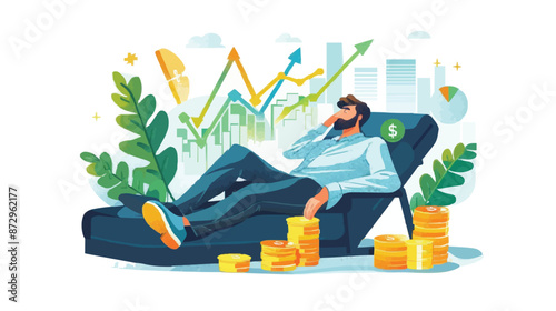 Passive income and market investing flat vector illustration. Investor man relax in chair and get money profits, stock dividends. Remote freelance work or trading online. Financial freedom concept.