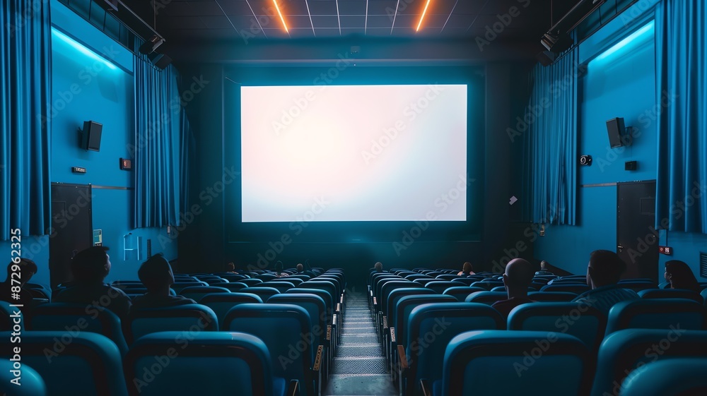 Fototapeta premium A plain white, rectangle mock up billboard in a cinema/ movie theater with a blue color scheme with seated people